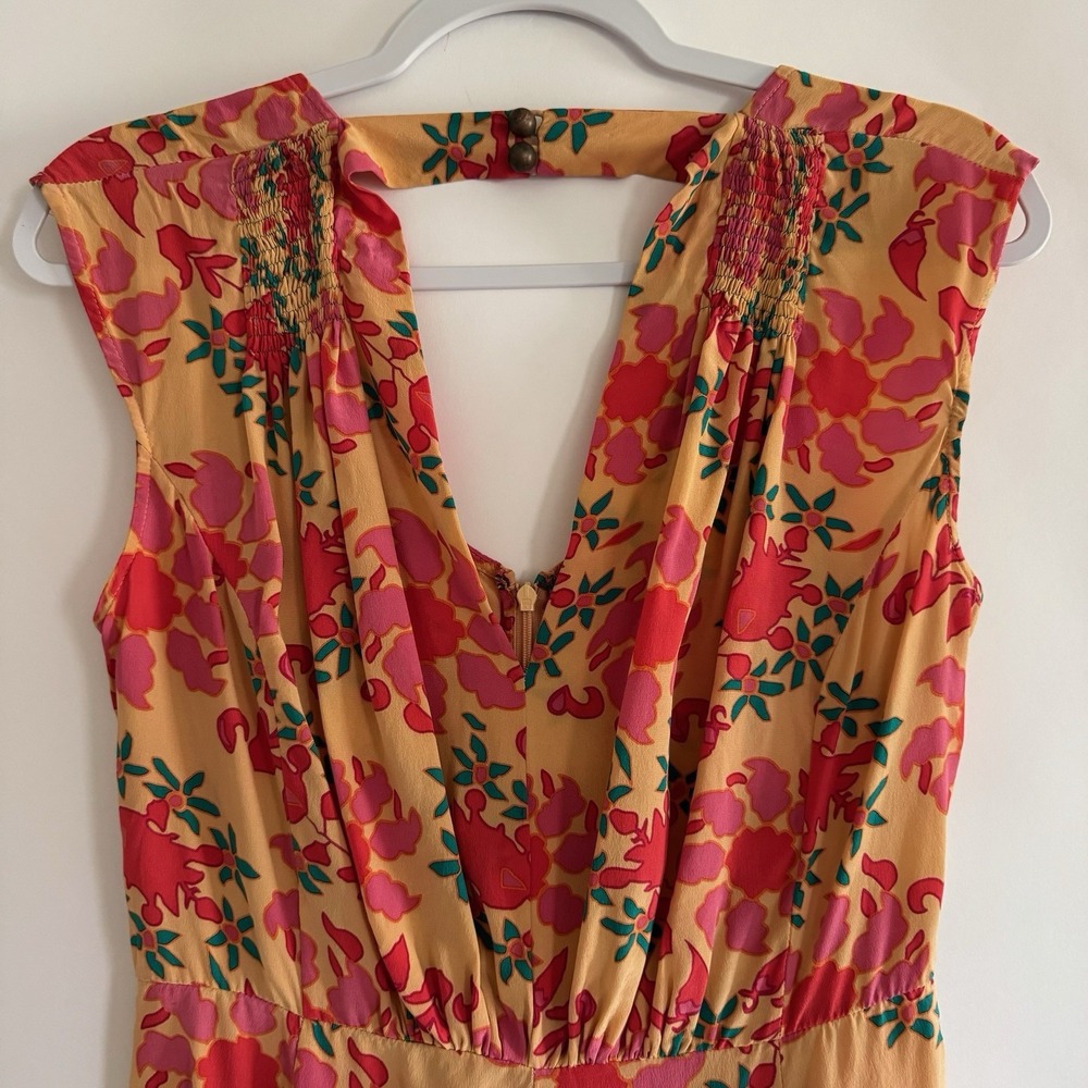 Tracy Reese 100% Silk Dress 4 Floral Y2K Smocked Orange Red Bright Open Back - Picture 2 of 14